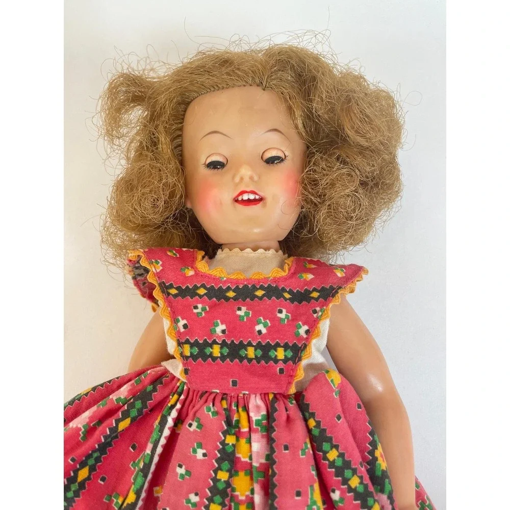 Vintage 1950's Shirley Temple Hard Plastic Sleep Eye Doll Pink Patterned Dress
